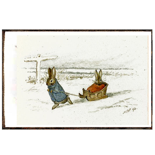 Beatrix Potter papa conejo e hijo en la nieve